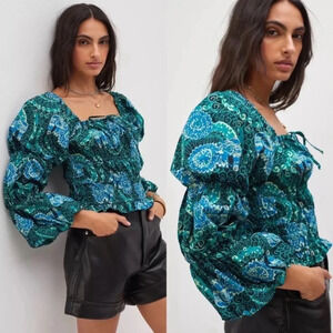 NWT Anthropologie Porridge Puff Sleeve Tiered Blouse Green Blue White Top S